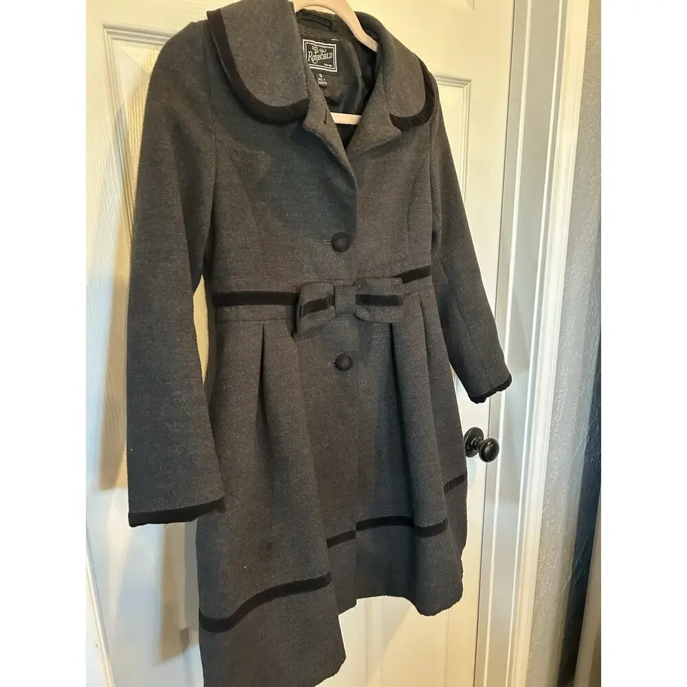 Rothschild Vintage Girls 12 Gray Princess Coat Black Velvet Trim Holiday Party